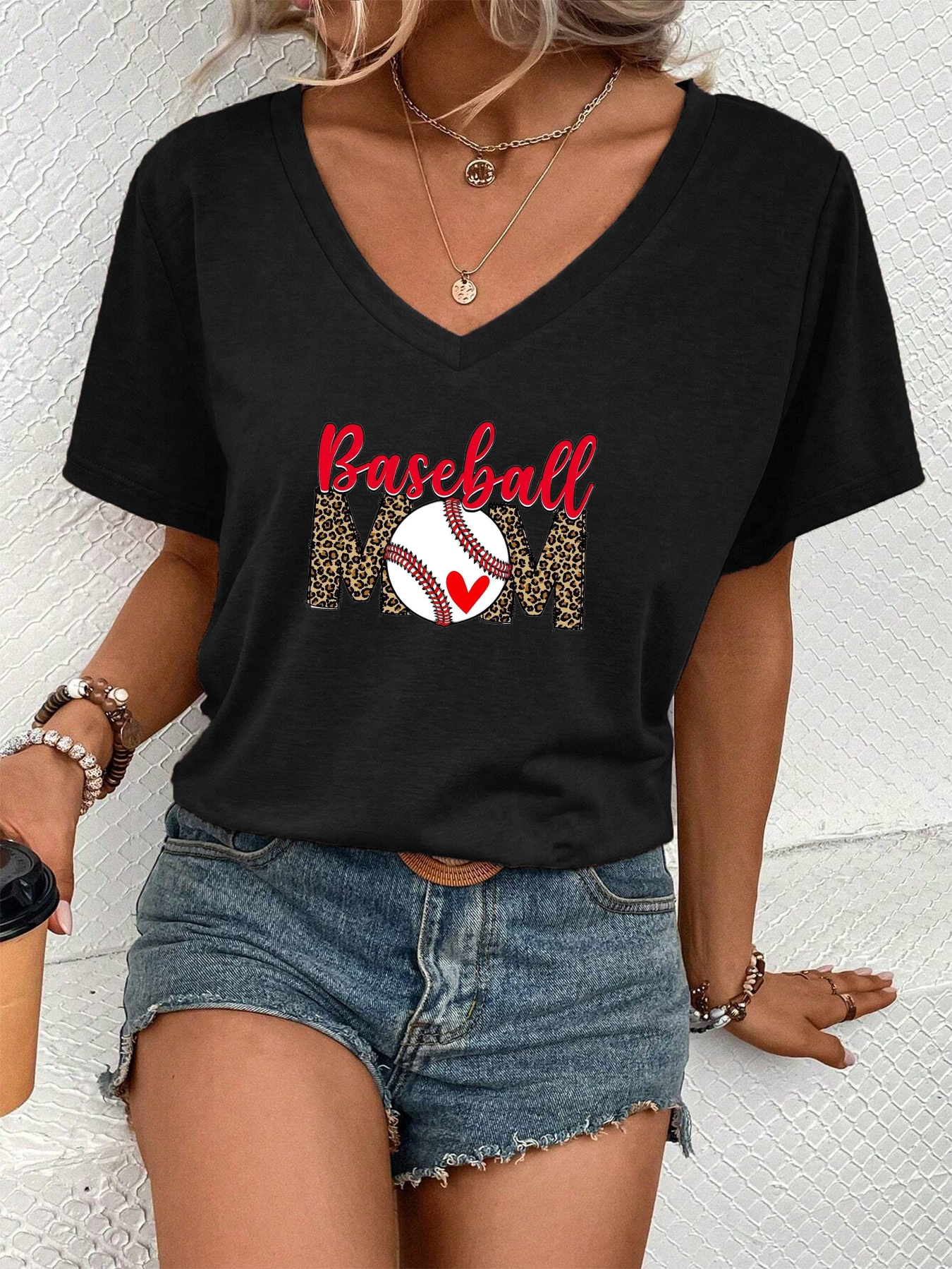 baseball mom print versatile t shirt v neck short sleeves stretchy sports tee womens casual tops details 0