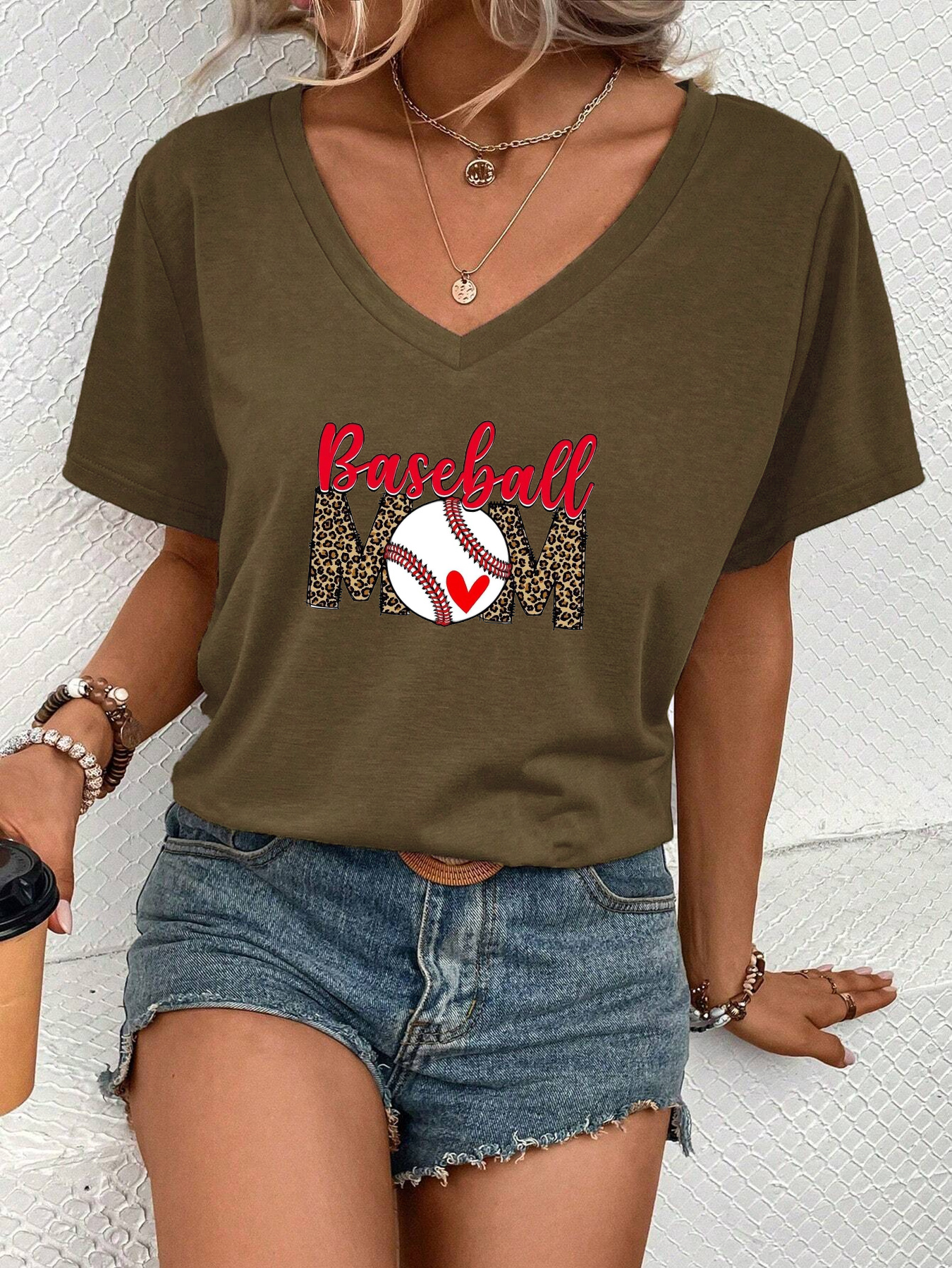 baseball mom print versatile t shirt v neck short sleeves stretchy sports tee womens casual tops details 5