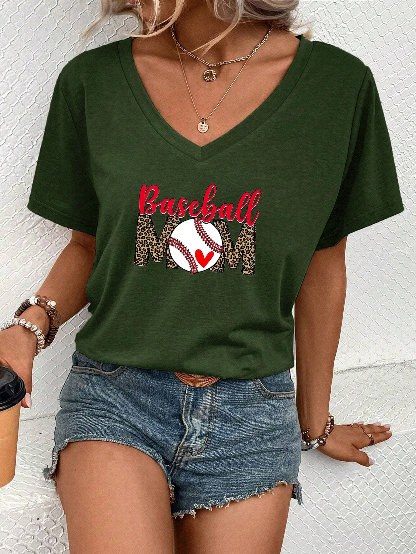 baseball mom print versatile t shirt v neck short sleeves stretchy sports tee womens casual tops details 10