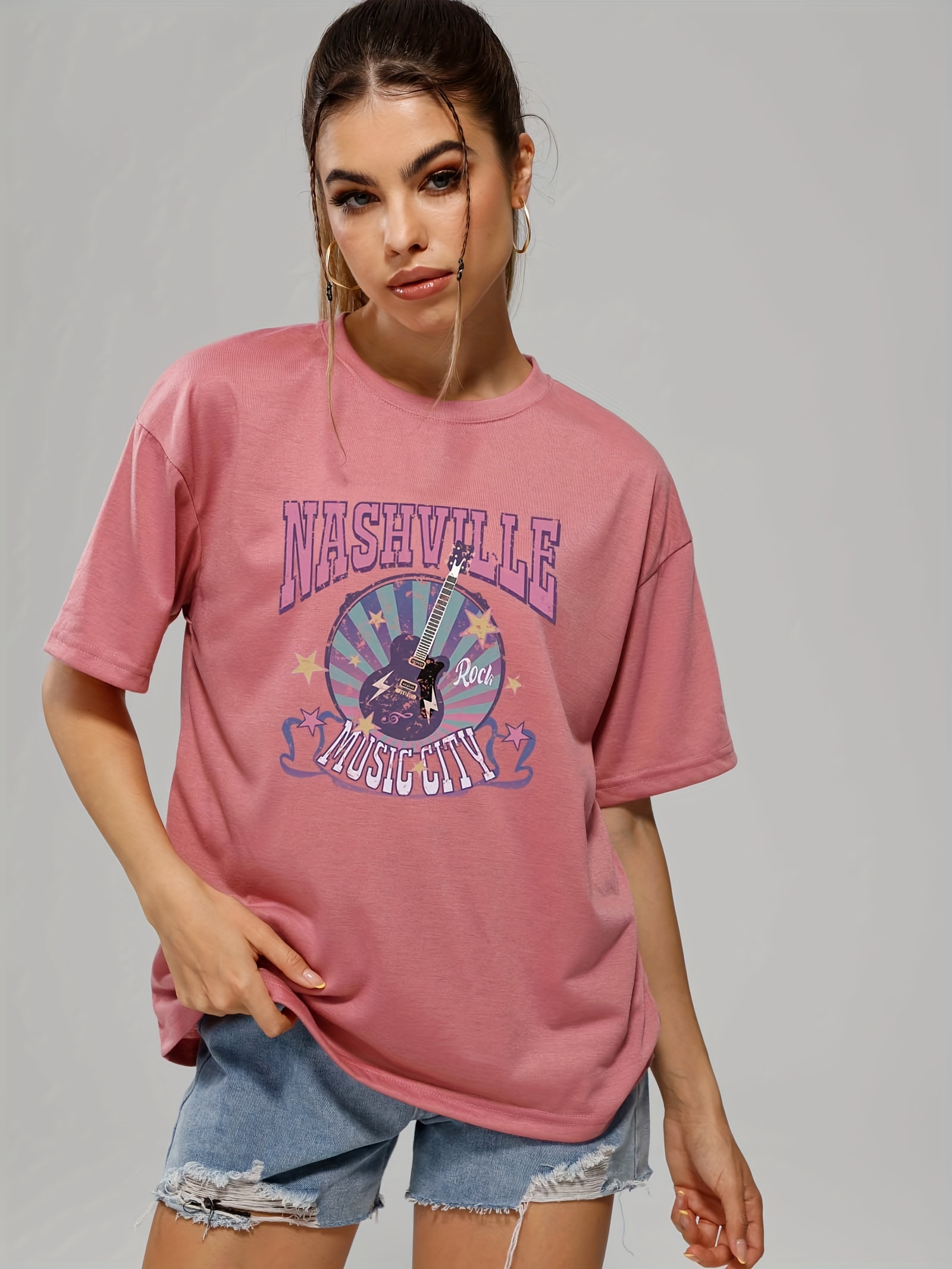 letter music city guitar graphic tee for women summer versatile crew neck casual sports t shirts womens athleisure details 1