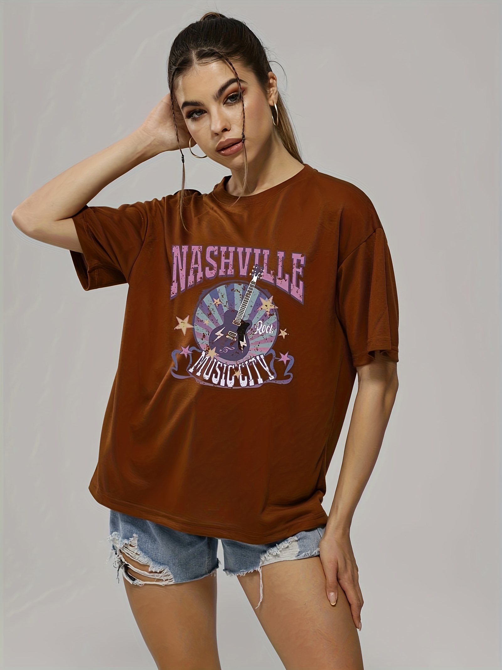 letter music city guitar graphic tee for women summer versatile crew neck casual sports t shirts womens athleisure details 2