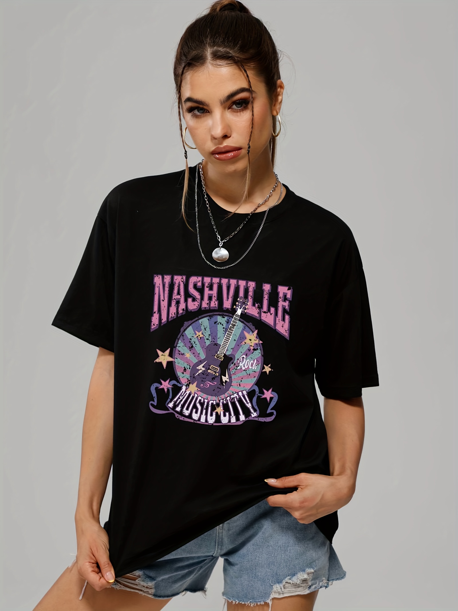 letter music city guitar graphic tee for women summer versatile crew neck casual sports t shirts womens athleisure details 3