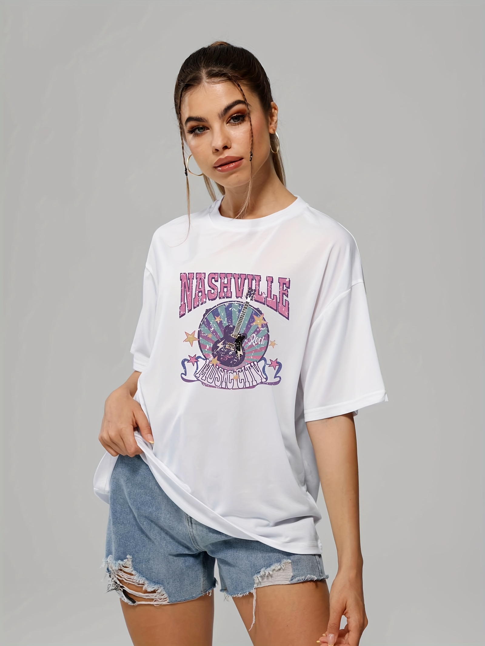 letter music city guitar graphic tee for women summer versatile crew neck casual sports t shirts womens athleisure details 4