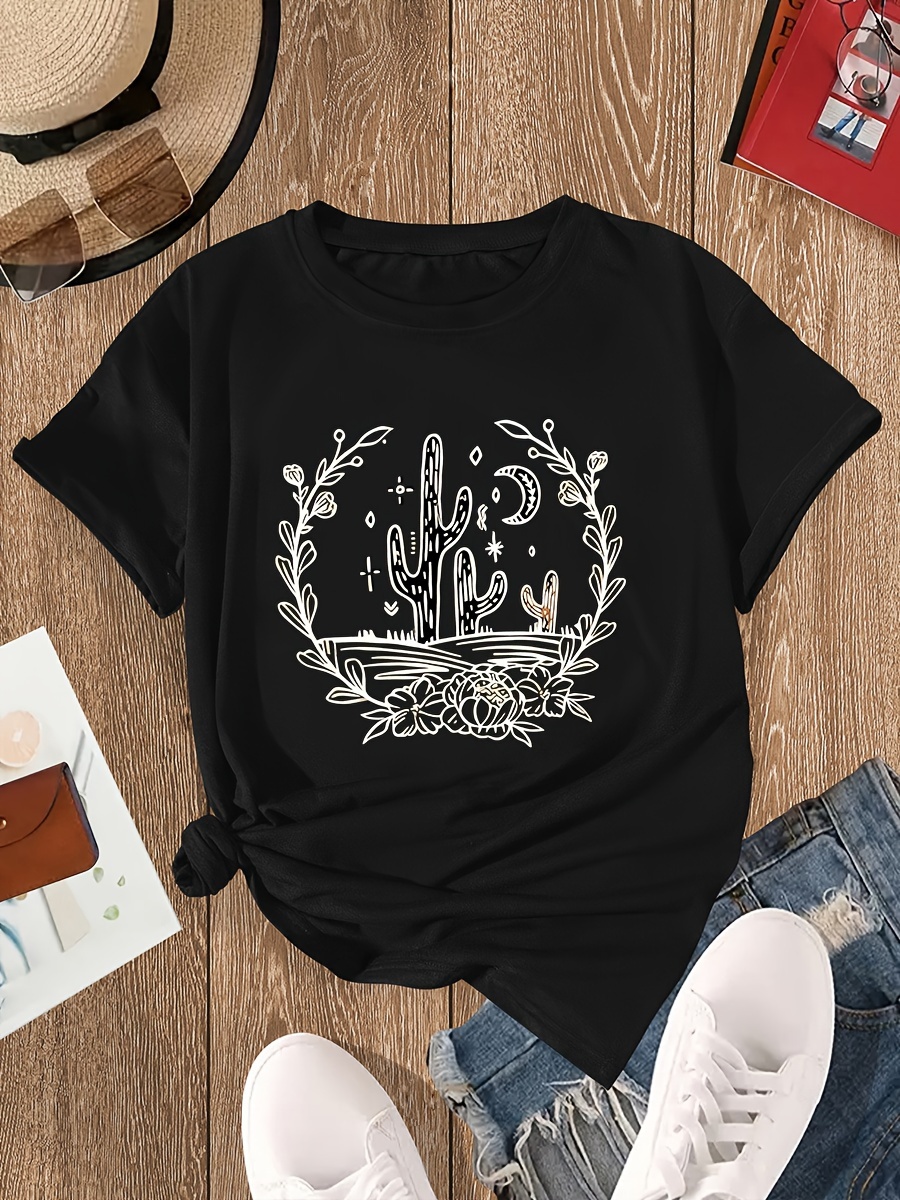 Moon Desert Cactus Graphic Sports Tee, Short Sleeves Round Neck Casual Running Fitness T-shirt Top, Women s Activewear details 0