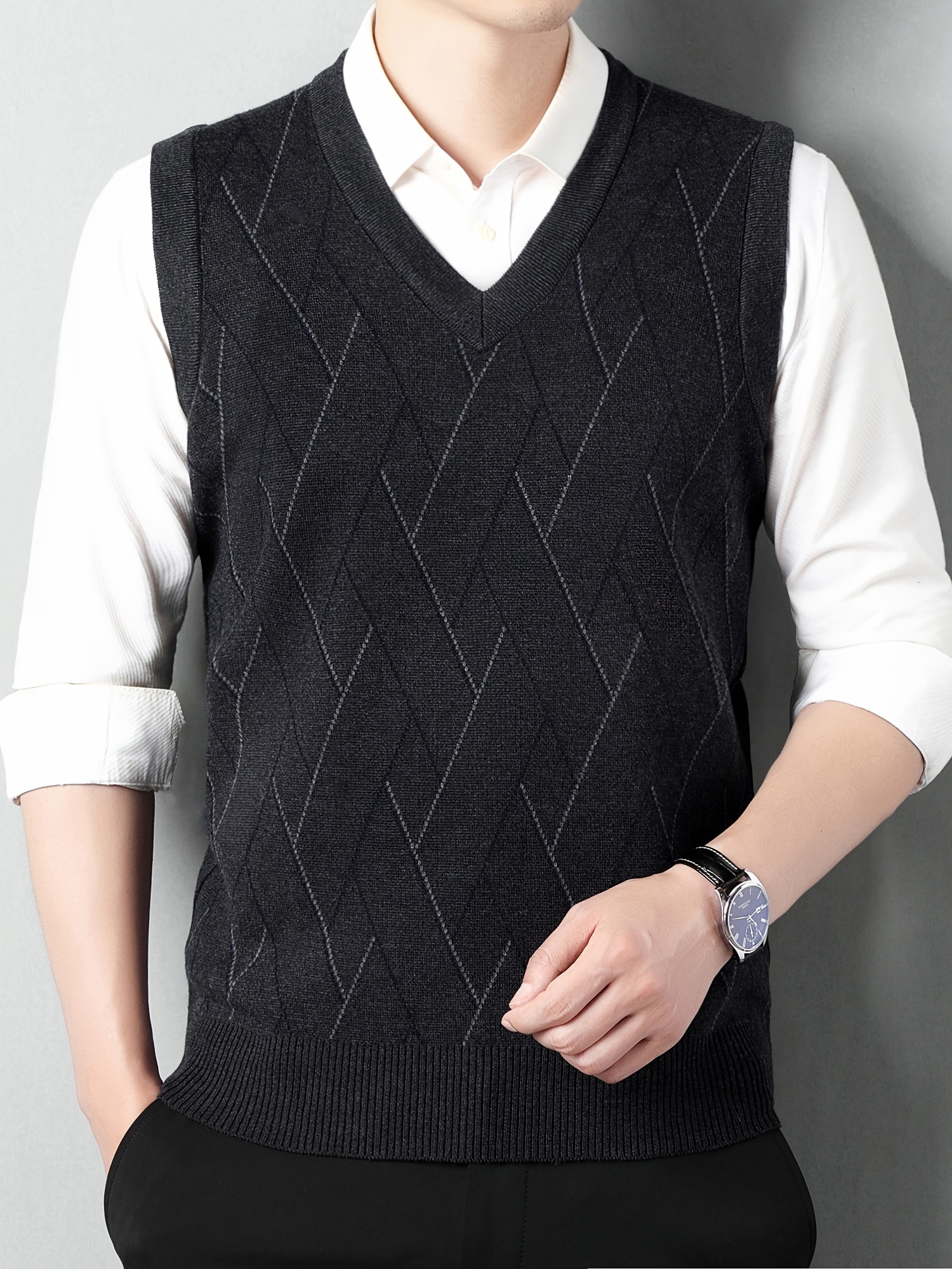 mens v neck cable casual sleeveless knitted sweater vest mens clothing for autumn winter details 0