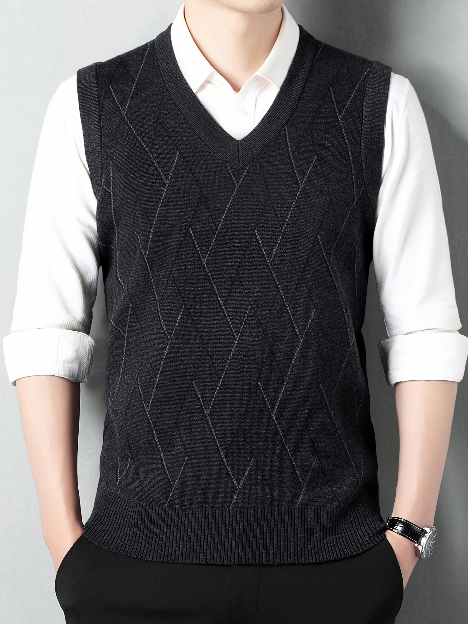mens v neck cable casual sleeveless knitted sweater vest mens clothing for autumn winter details 2