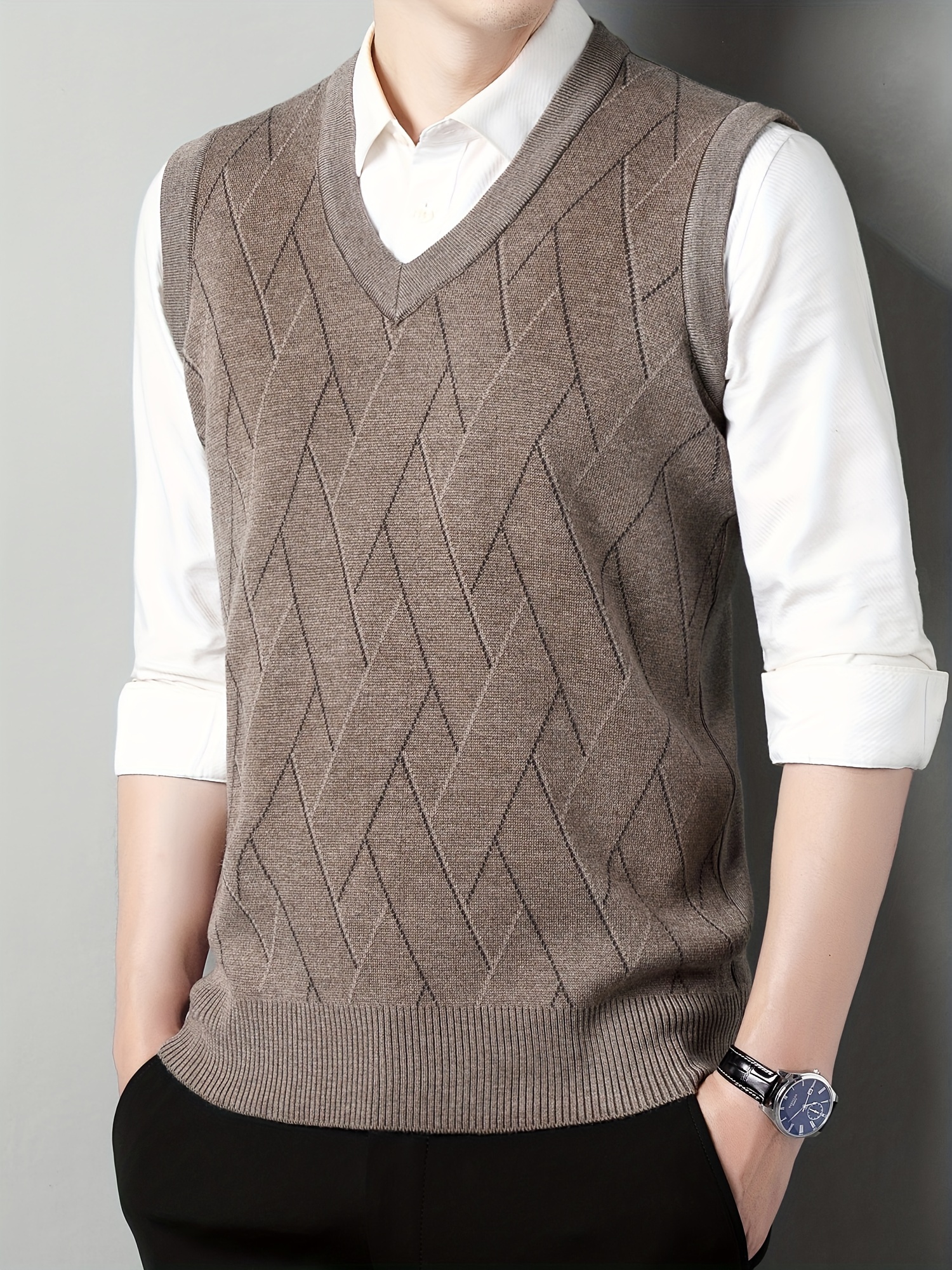 mens v neck cable casual sleeveless knitted sweater vest mens clothing for autumn winter details 5