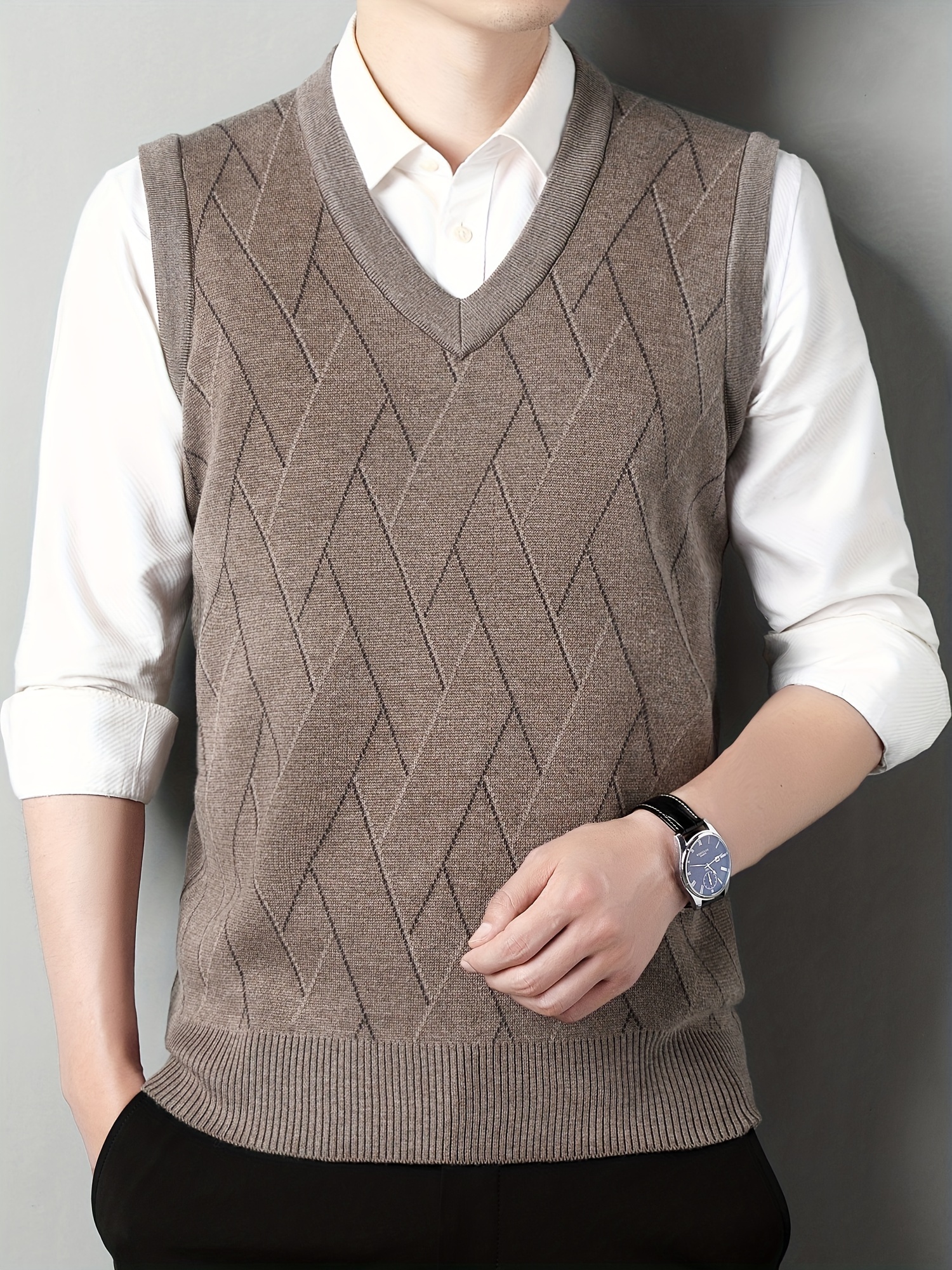 mens v neck cable casual sleeveless knitted sweater vest mens clothing for autumn winter details 7