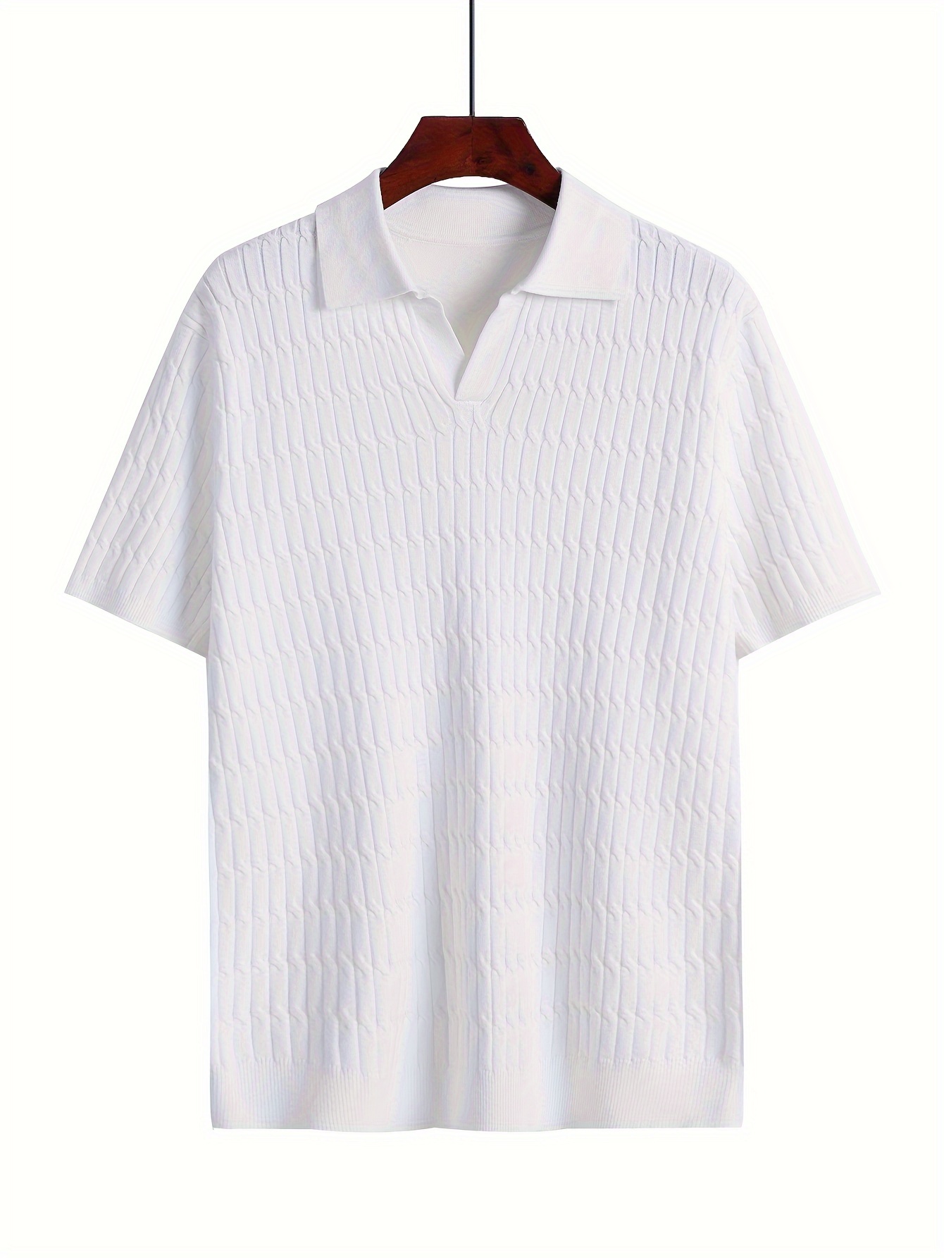 mens classic solid lapel knitted shirt casual mid stretch breathable short sleeve top for outdoor details 0