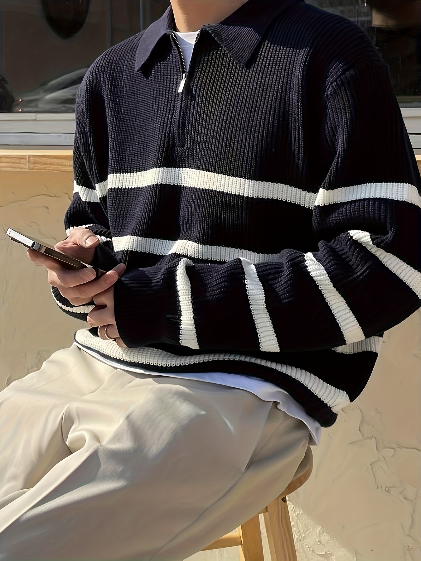 mens stylish stripe pattern knitted pullover casual breathable long sleeve lapel half zipper top for city walk street hanging outdoor activities details 1