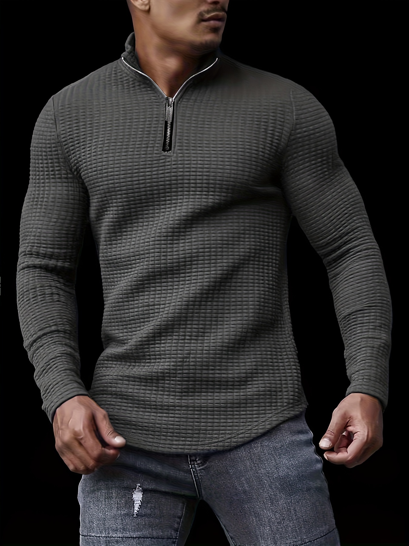 new mens spring and autumn winter solid color jacquard waffle zipper stand collar sweatshirt details 0