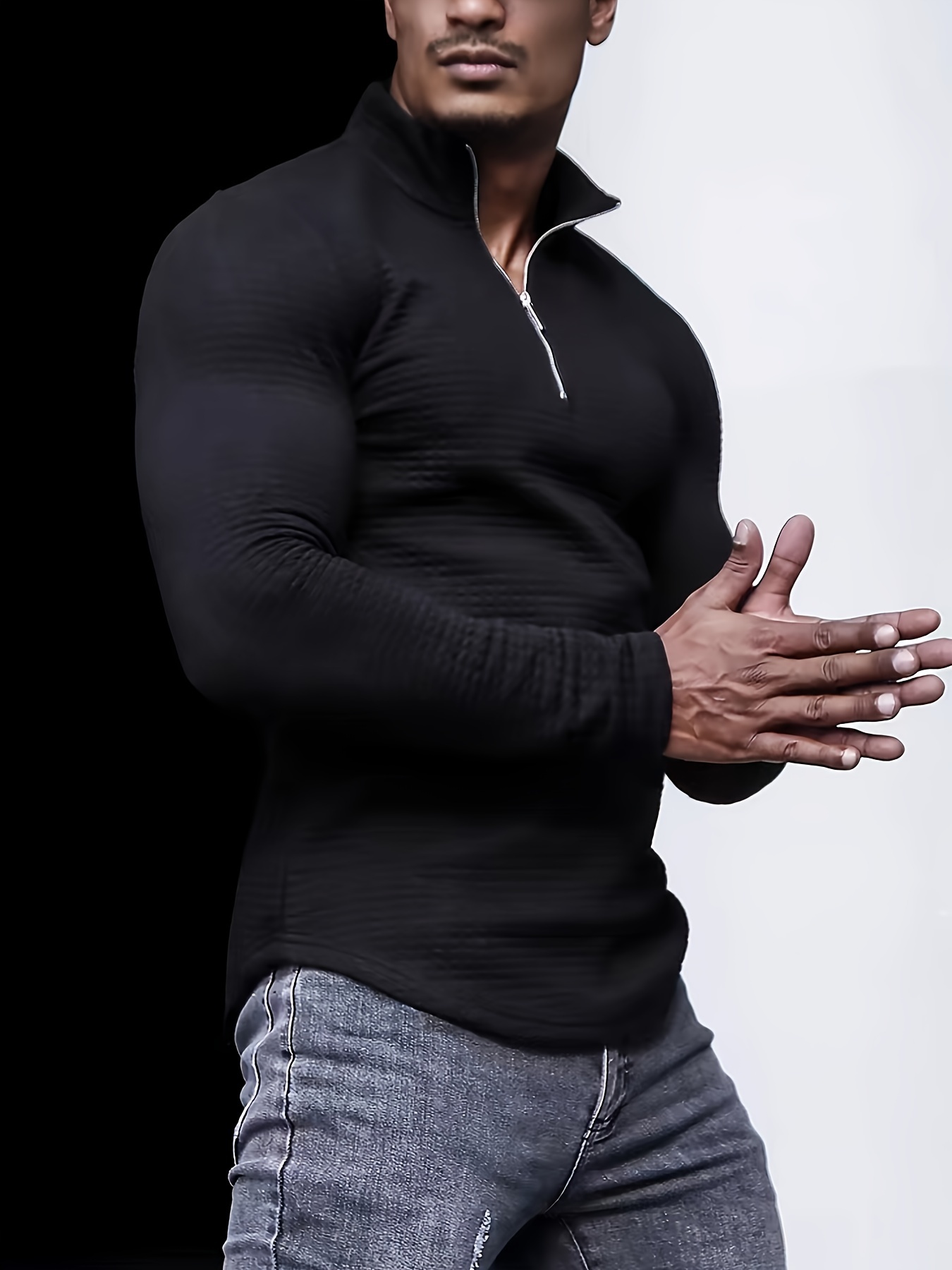 new mens spring and autumn winter solid color jacquard waffle zipper stand collar sweatshirt details 5