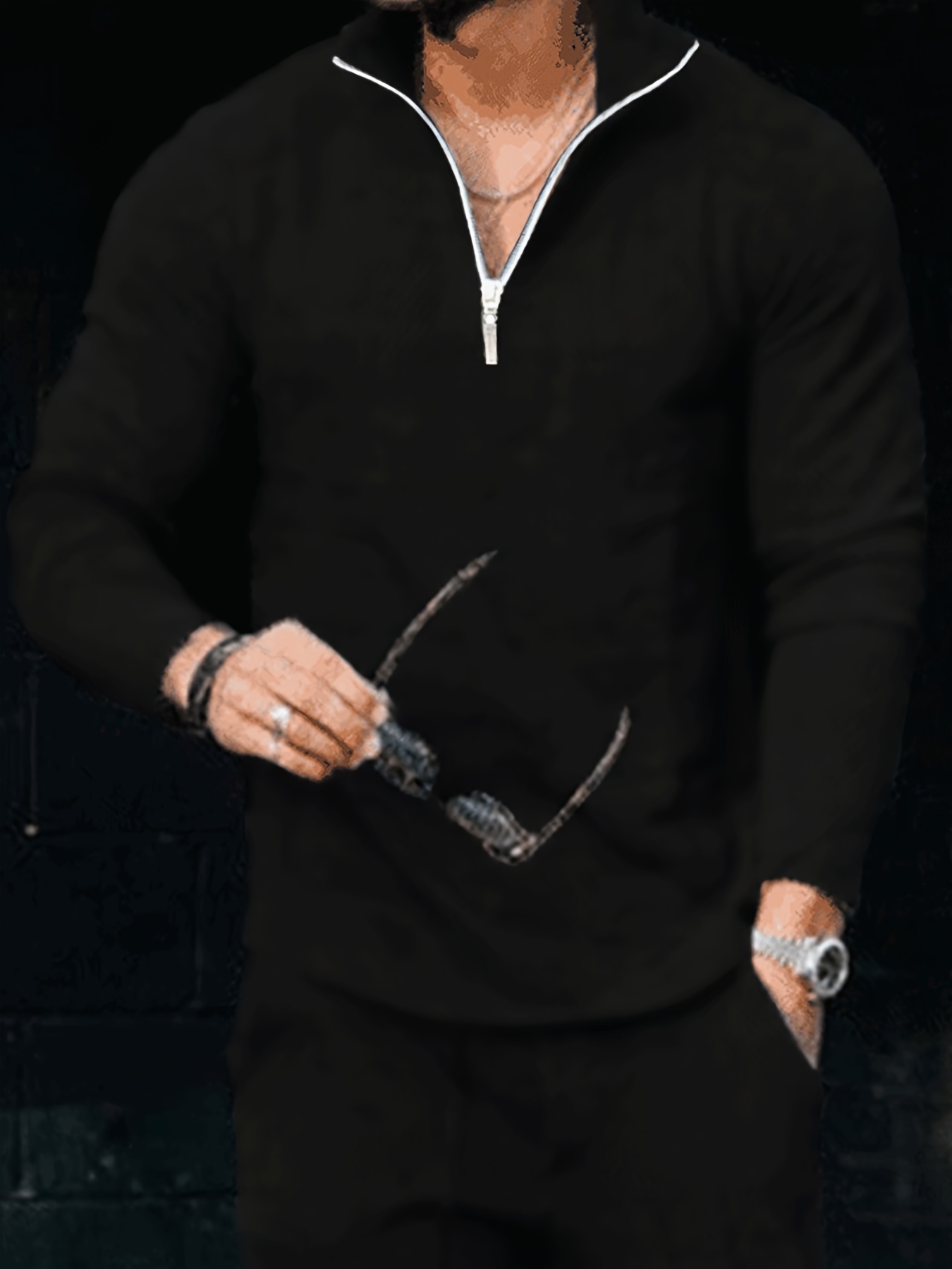 new mens spring and autumn winter solid color jacquard waffle zipper stand collar sweatshirt details 6