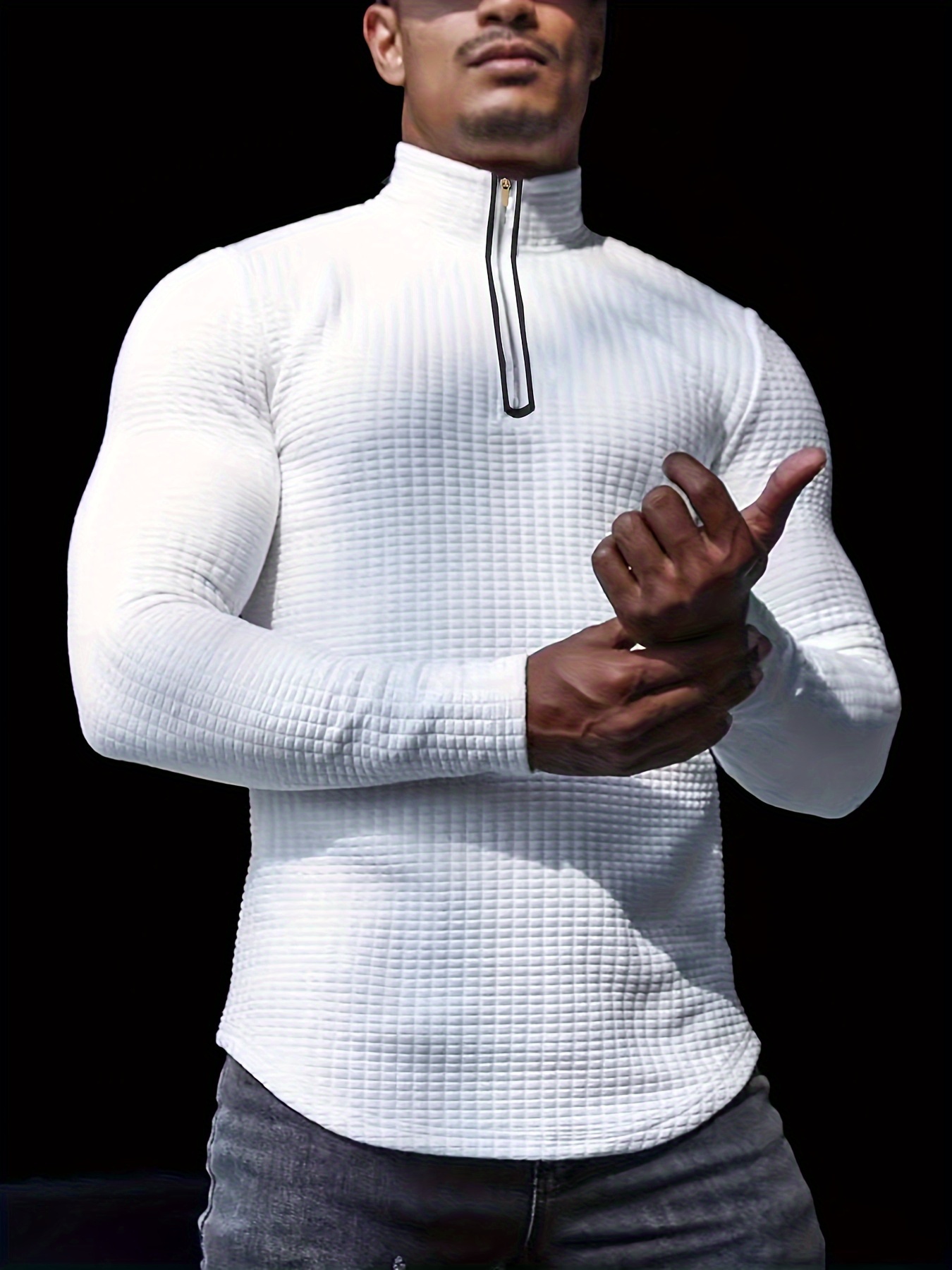 new mens spring and autumn winter solid color jacquard waffle zipper stand collar sweatshirt details 13