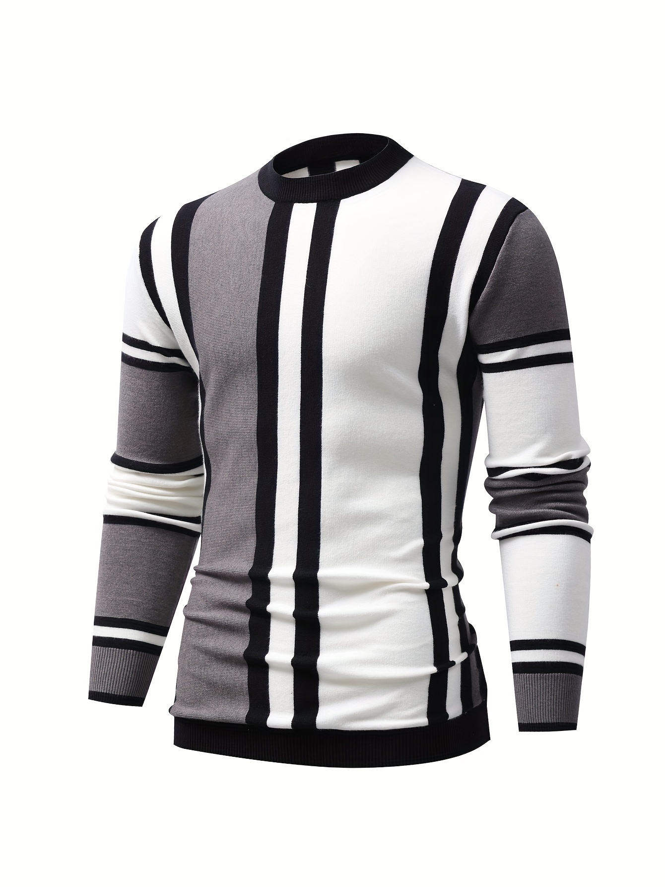 color block design chic sweater mens casual warm high stretch crew neck pullover sweater for fall winter details 12