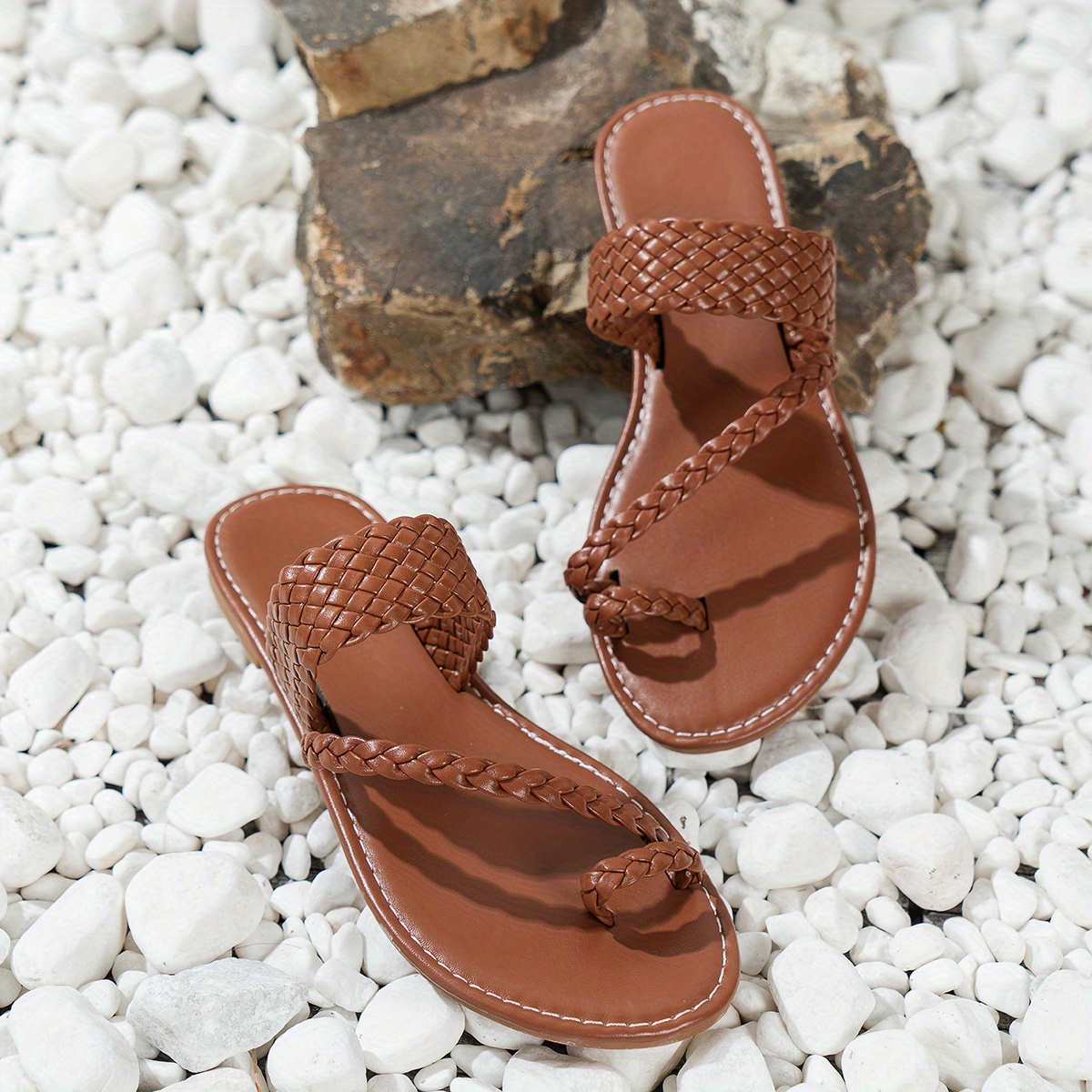 womens loop toe slide sandals lightweight open toe slip on shoes womens braided belt shoes details 4