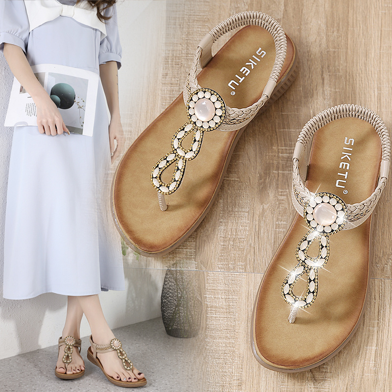 womens rhinestone t strap sandals elastic strap open toe slip on boho style shoes casual seaside vacation shoes details 1