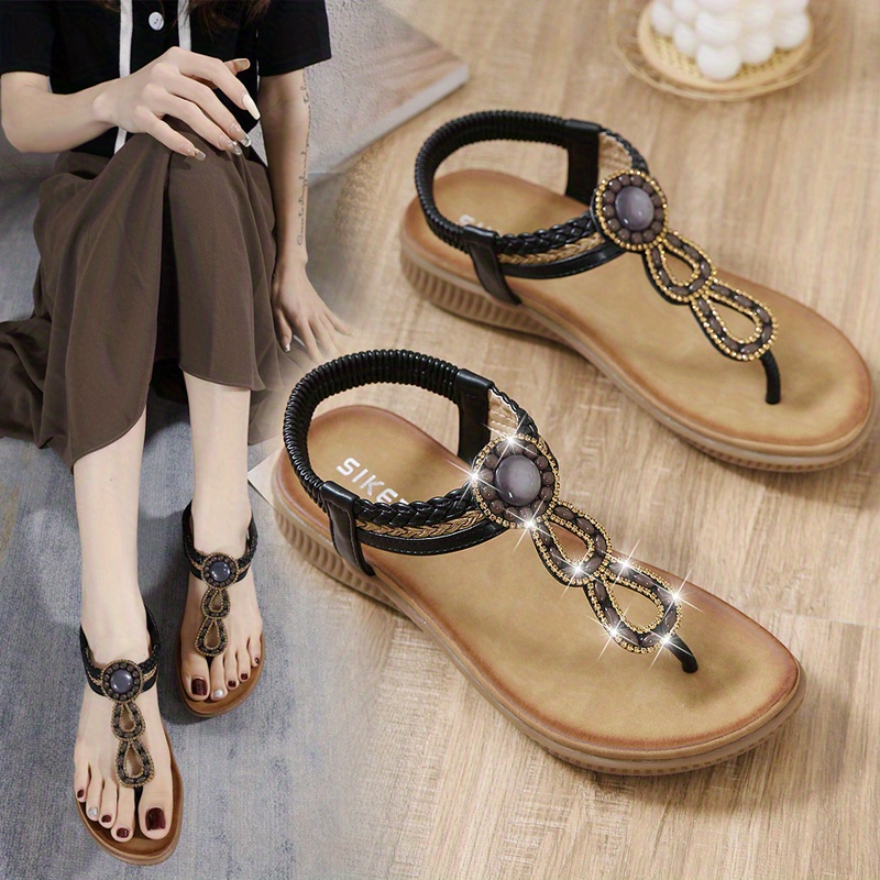 womens rhinestone t strap sandals elastic strap open toe slip on boho style shoes casual seaside vacation shoes details 2