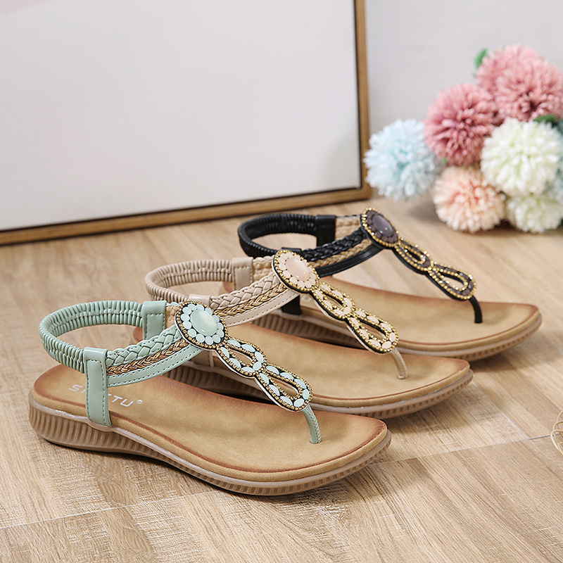 womens rhinestone t strap sandals elastic strap open toe slip on boho style shoes casual seaside vacation shoes details 4