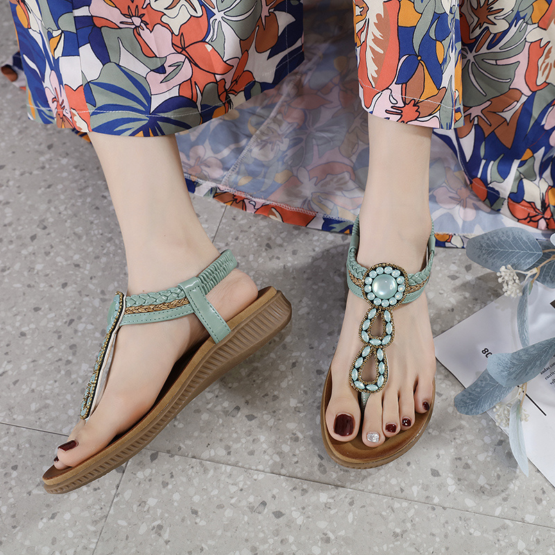 womens rhinestone t strap sandals elastic strap open toe slip on boho style shoes casual seaside vacation shoes details 6