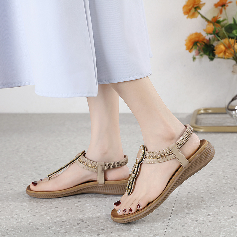 womens rhinestone t strap sandals elastic strap open toe slip on boho style shoes casual seaside vacation shoes details 11