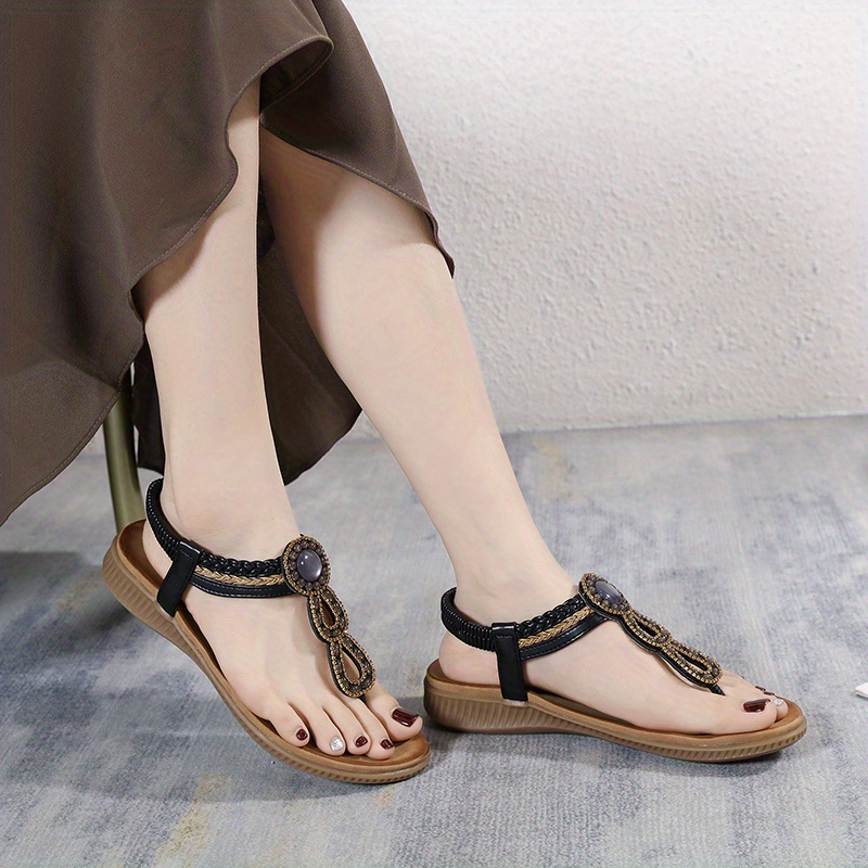 womens rhinestone t strap sandals elastic strap open toe slip on boho style shoes casual seaside vacation shoes details 13