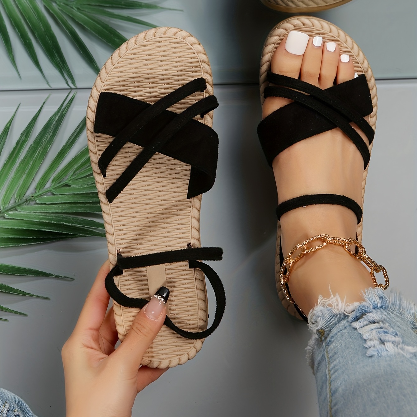 womens flat sandals solid color open toe cross strap anti skid slip on shoes casual beach sandals details 1