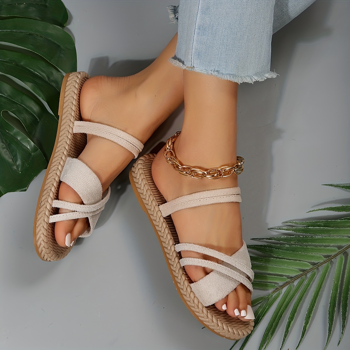 womens flat sandals solid color open toe cross strap anti skid slip on shoes casual beach sandals details 2