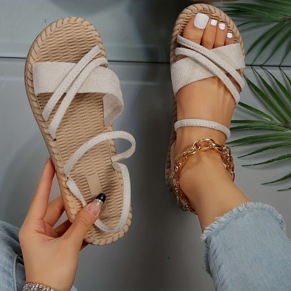 womens flat sandals solid color open toe cross strap anti skid slip on shoes casual beach sandals details 4